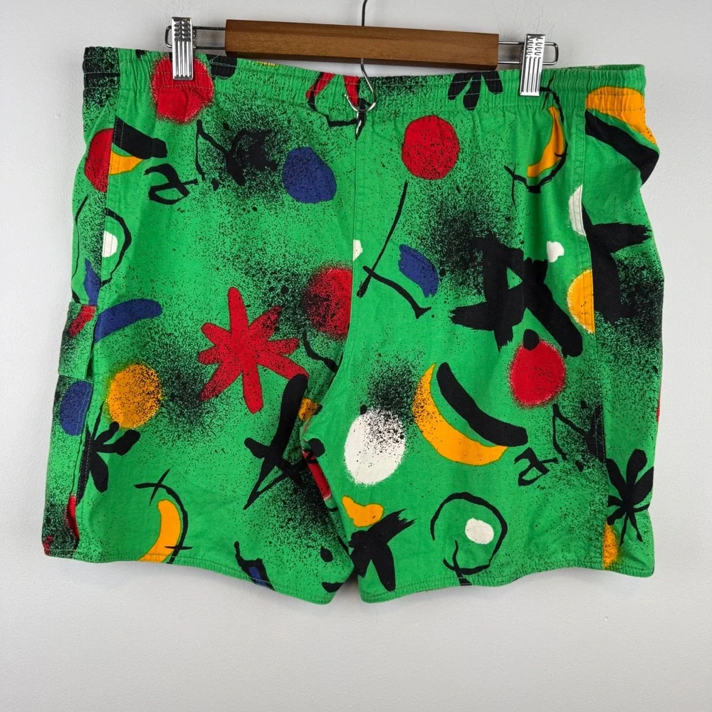 VTG Speedo Green Abstract Print Swim Trunks Mens XL Cargo Pocket Funky Pop Art